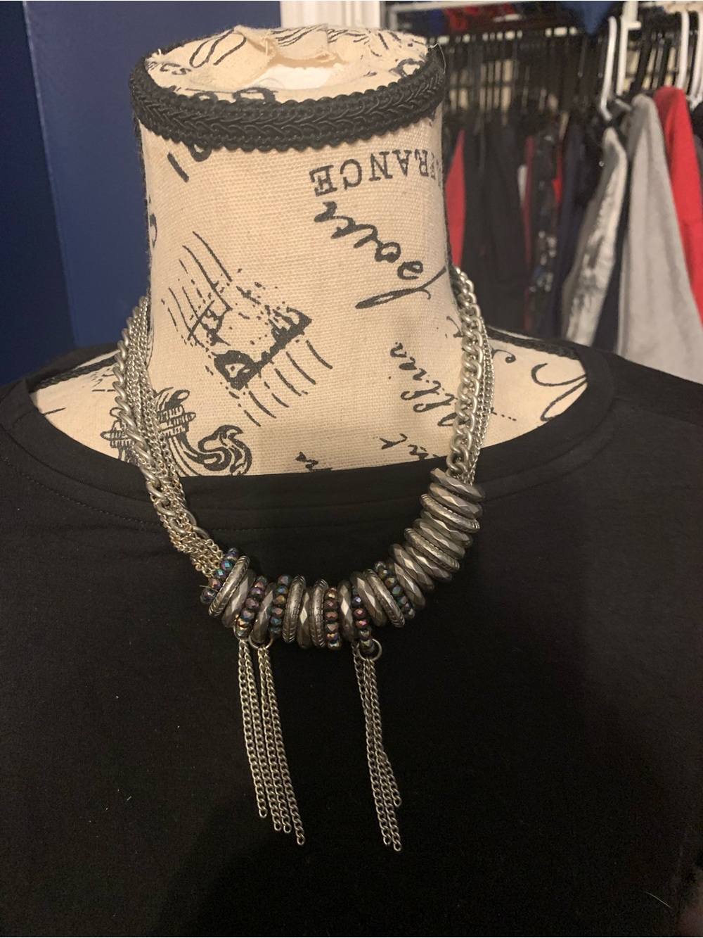 Silver Multi-Bead Statement Necklace with Chain Tassels - Women Jewelry
